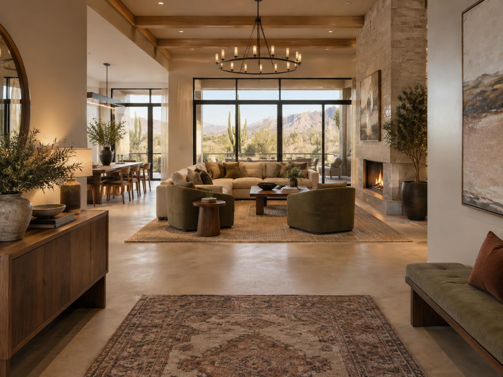 Complete home furnishing in an Oro Valley home with coordinated furniture, rugs, lighting and artwork