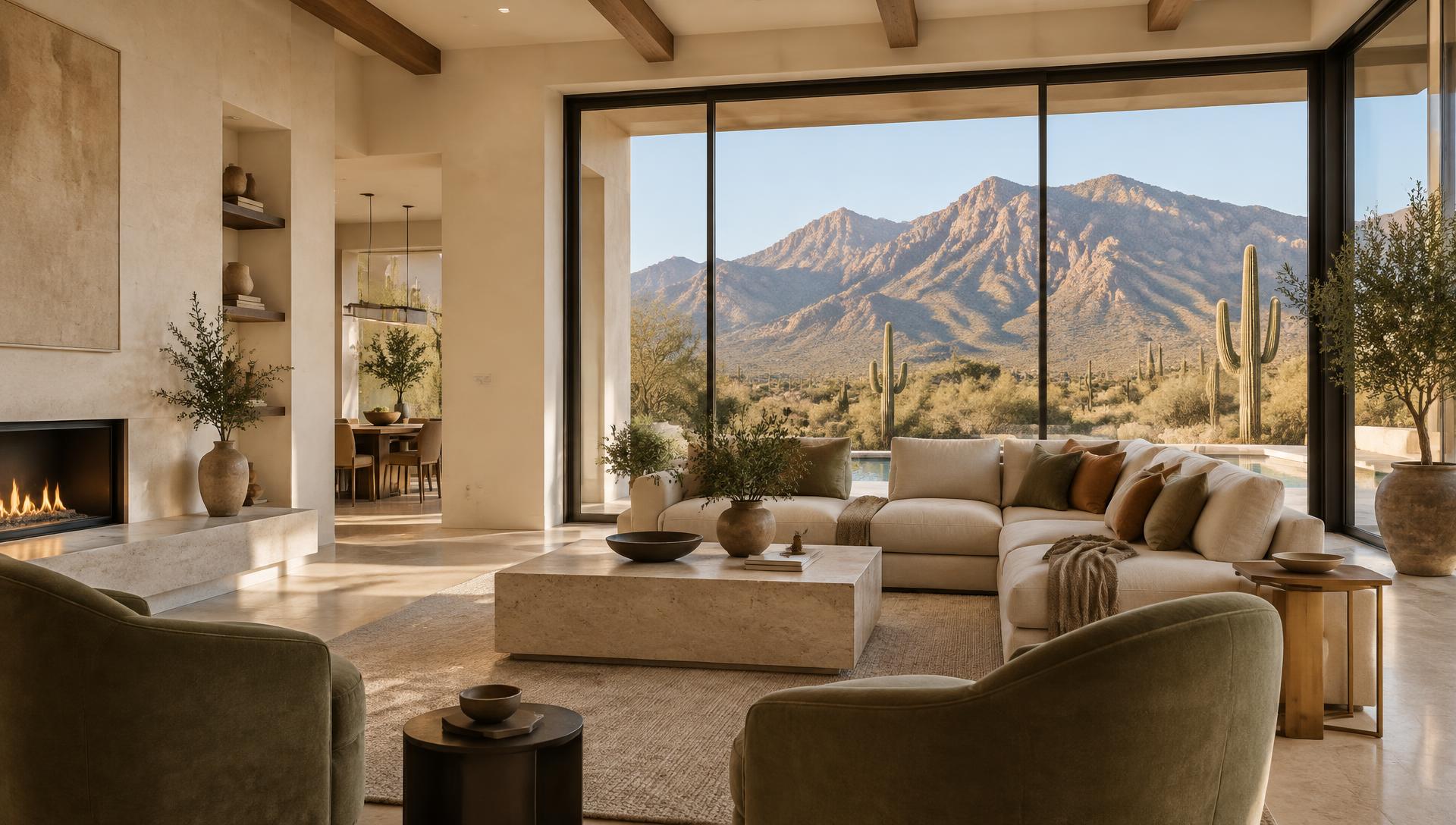 Sunlit Oro Valley living room with limestone floors and Santa Catalina Mountain views