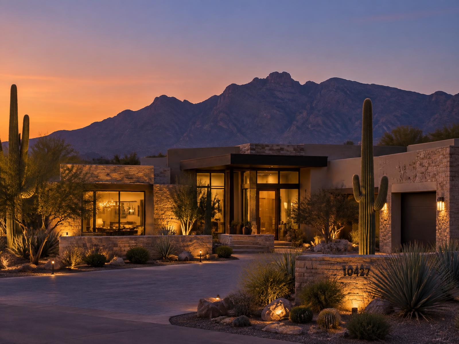 Desert modern luxury home exterior at dusk with saguaros and mountain views